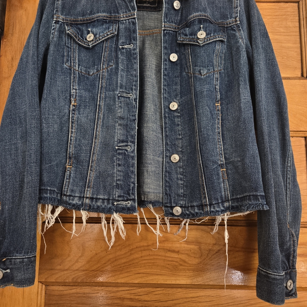 Abercrombie & Fitch Jean Jacket Womens Size S Blue Dark Wash Frayed Hem Buttons - Picture 4 of 11